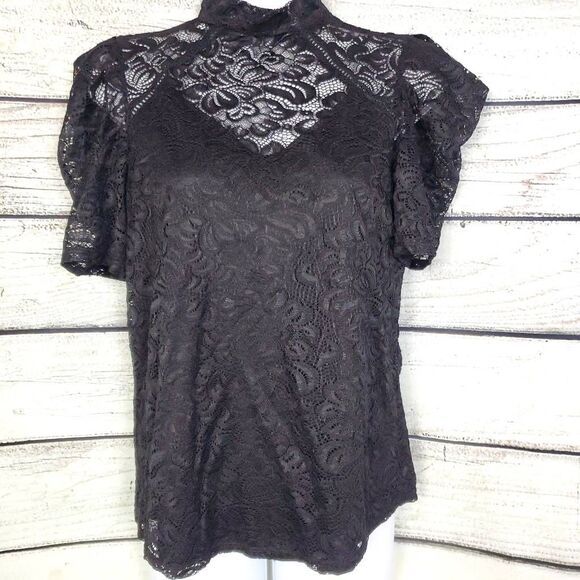 Perseption Concept Women’s Medium Black Sheer Lace Short Sleeve Mock Neck Top - Picture 1 of 7